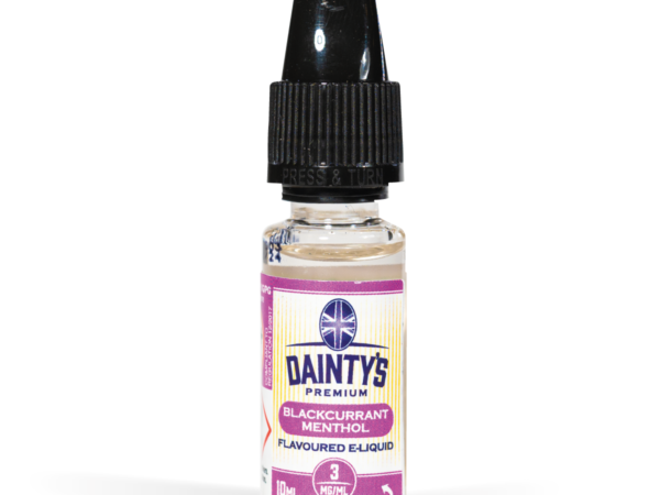 Daintys blackcurrant menthol e-liquid 10ml on white background
