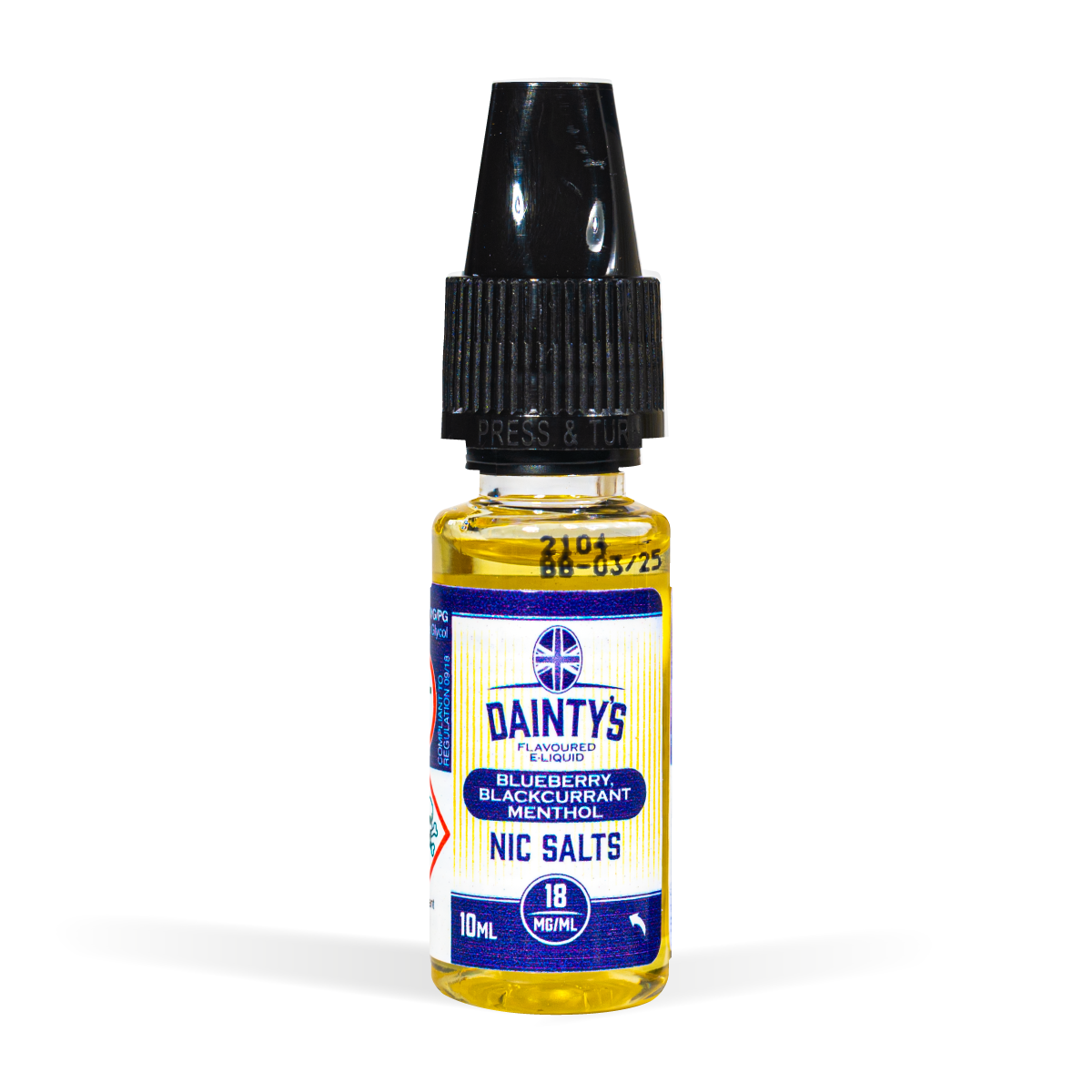 Salt Nic Blueberry Menthol & Blackcurrant, Dainty's 10ml bottle on white background