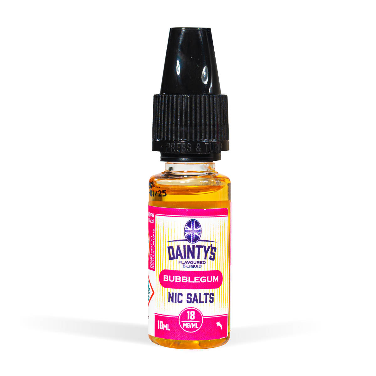 Salt Nic Bubblegum Menthol, Dainty's 10ml bottle on white background