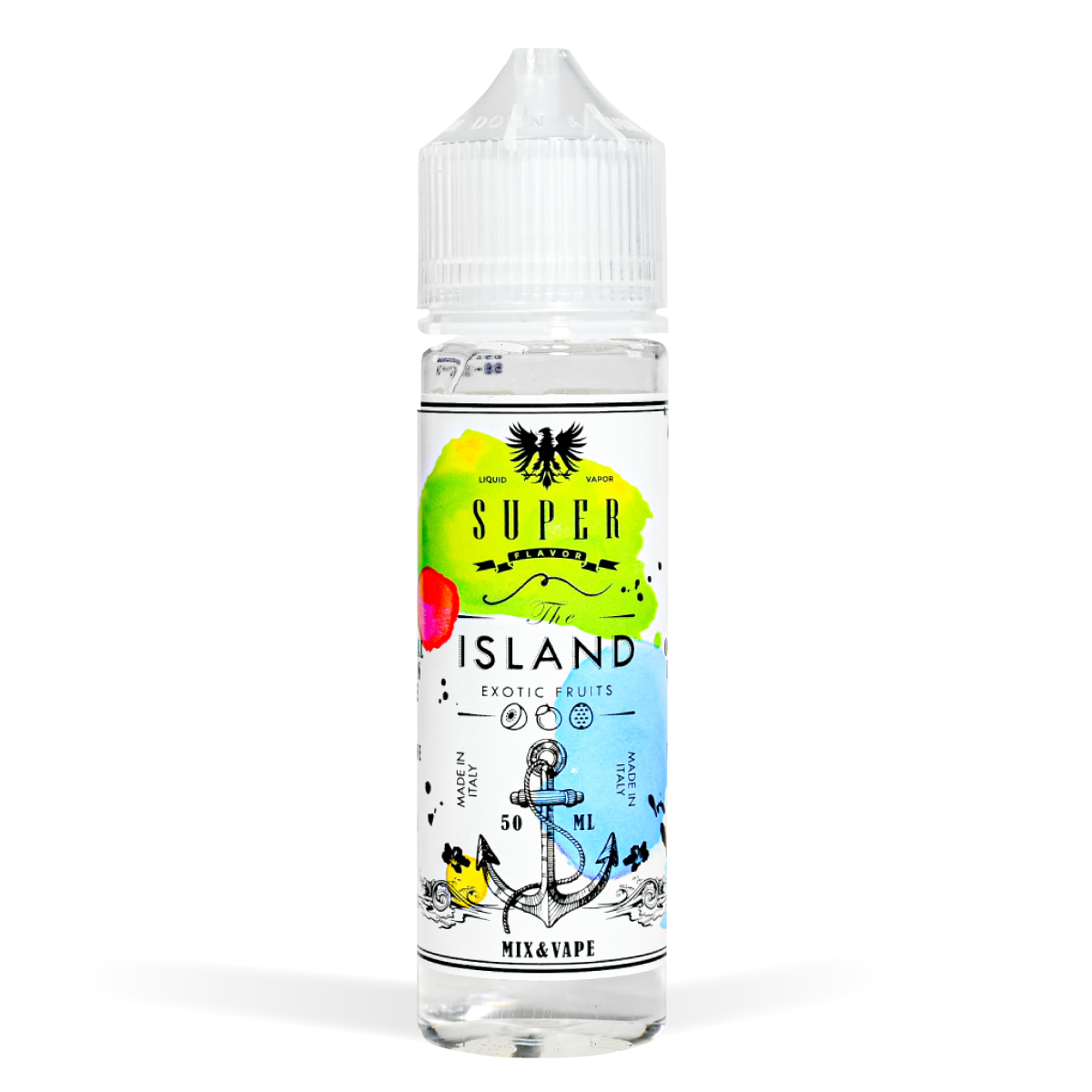 Vapor Art Super Flavor Peach Kiwi Lychee E-Liquid The Island 50ml Studio Shot White Background
