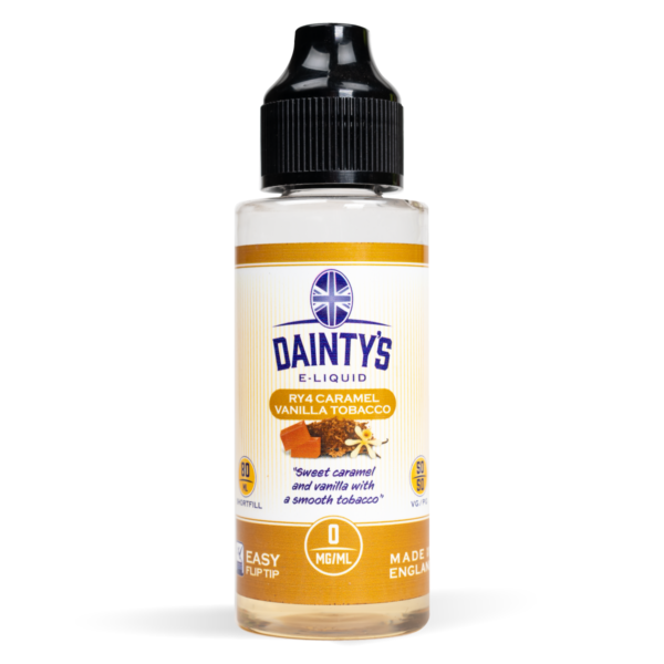 Dainty's 80ml RY4 Caramel Vanilla Tobacco Studio Shot White Back Ground