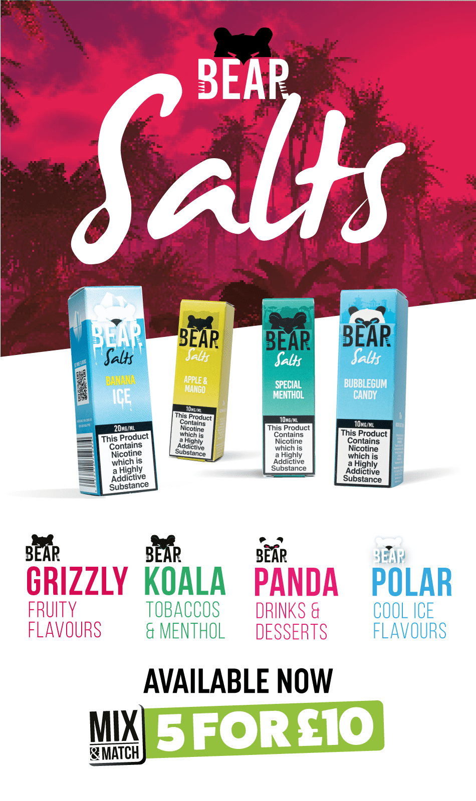 bear nic salts flavour range koala, grizzly, panda and polar all 5 for £10