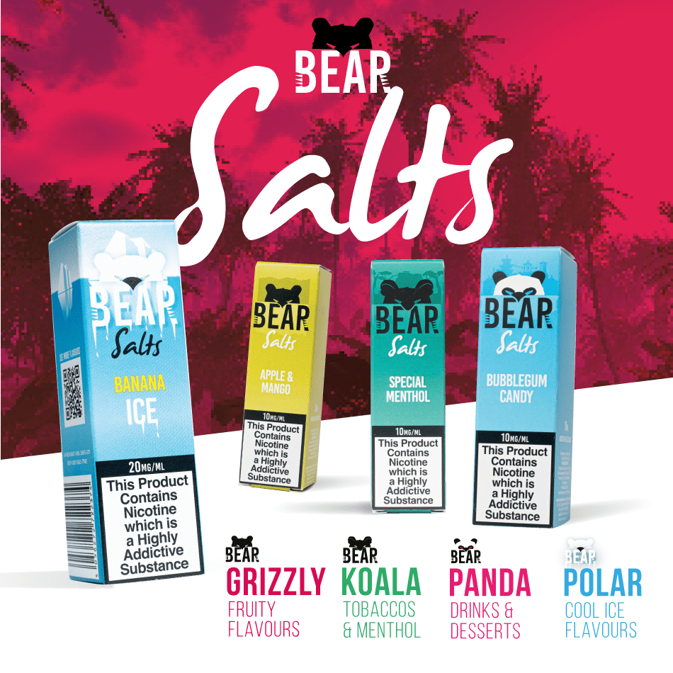 bear salts nic salts with 10mg and 20mg nicotine in grizzly, koala, panda, polar ranges