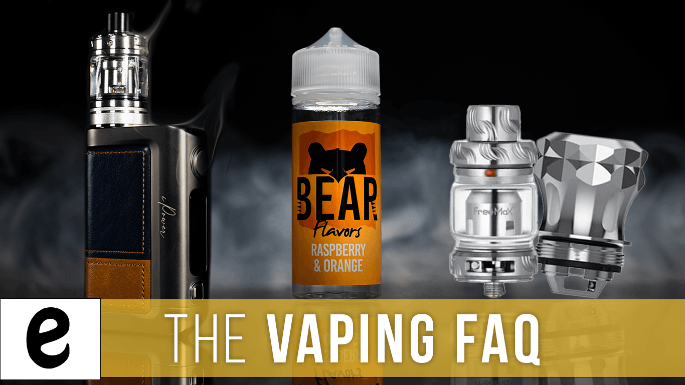 vaping FAQ feature image with vape mod, shortfill and tanks