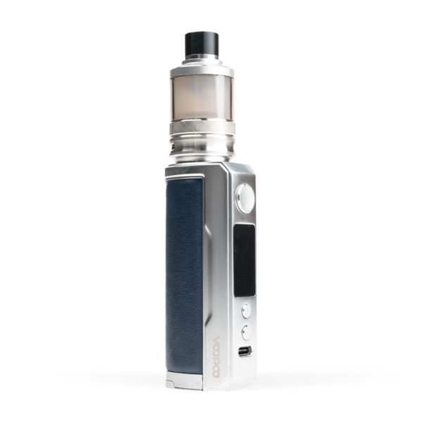 VooPoo Drag X Plus Silver Blue Button Side White Background Studio Shot