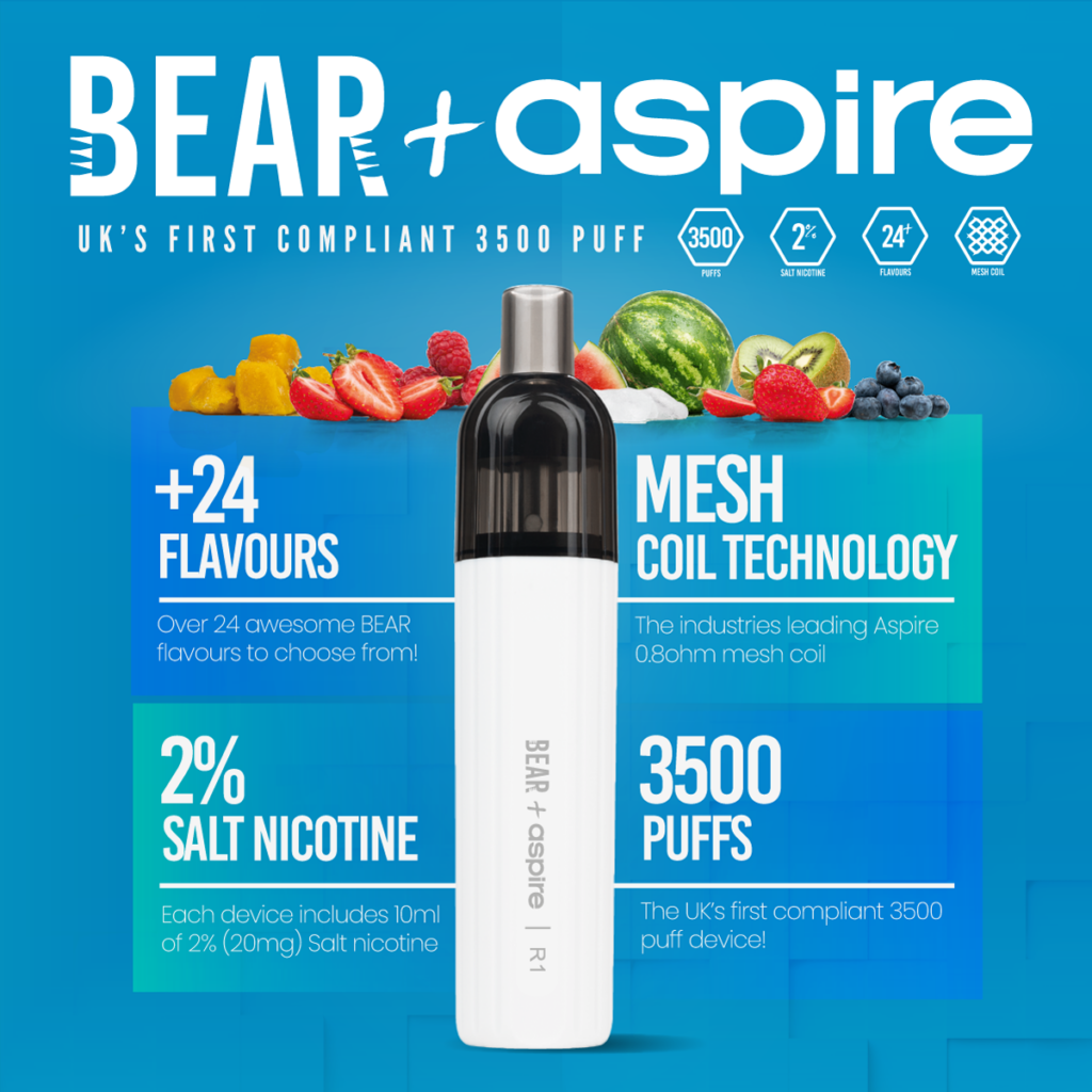 bear + aspire r1 3500 puff disposable vape card