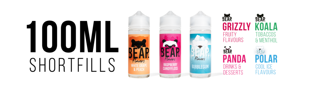 BEAR 100ml E-Liquid Shortfills Web Banner with 4 Flavour Ranges
