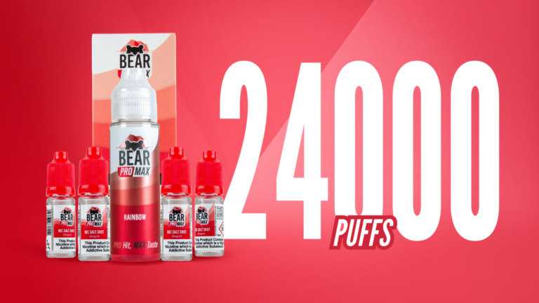 BEAR Pro MAX 75ml e-liquids come with e nic shots for 10mg nicotine strength and provide 24,000 puffs of e-juice per bottle