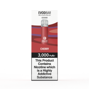 evod d3000 pre-filled vape pod kit in cherry flavour front shot
