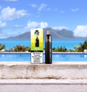 lemon lime bear pro max 10k puff vape on wall in front of pool