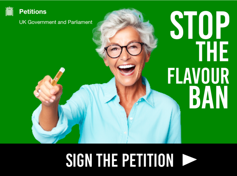 banner to signa petition on the UK parliament website to stop the proposed ban on e-liquid flavours square