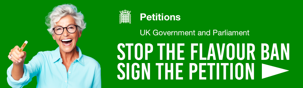 banner to signa petition on the UK parliament website to stop the proposed ban on e-liquid flavours