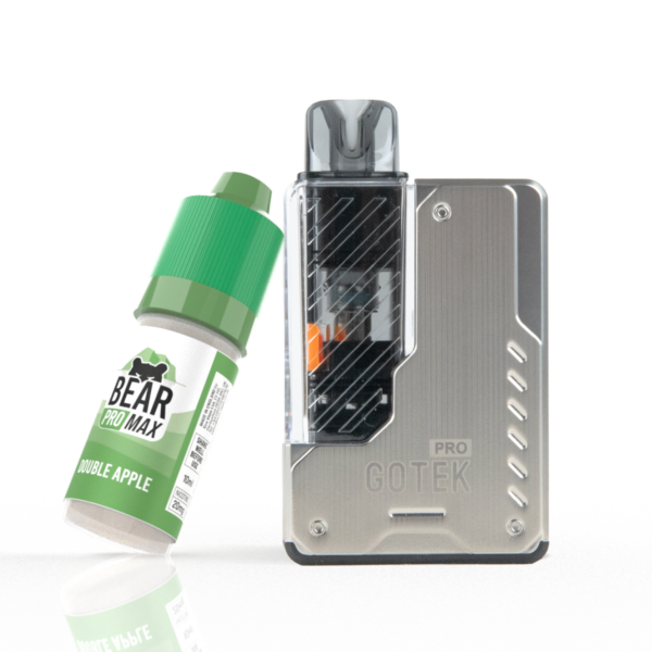 aspire gotek pro vape pod kit in silver with bear pro max nic salt
