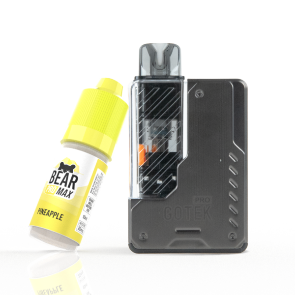 aspire gotek pro vape pod kit in gun metal grey with bear pro max nic salt