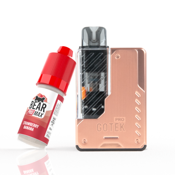 aspire gotek pro vape pod kit in rose gold with bear pro max nic salt