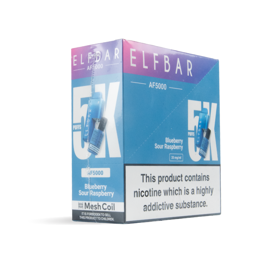 Bulk Buy Elfbar Vapes AF5000 10+2 pods in 5 packs in blueberry sour raspberry uk wholesale angle shot