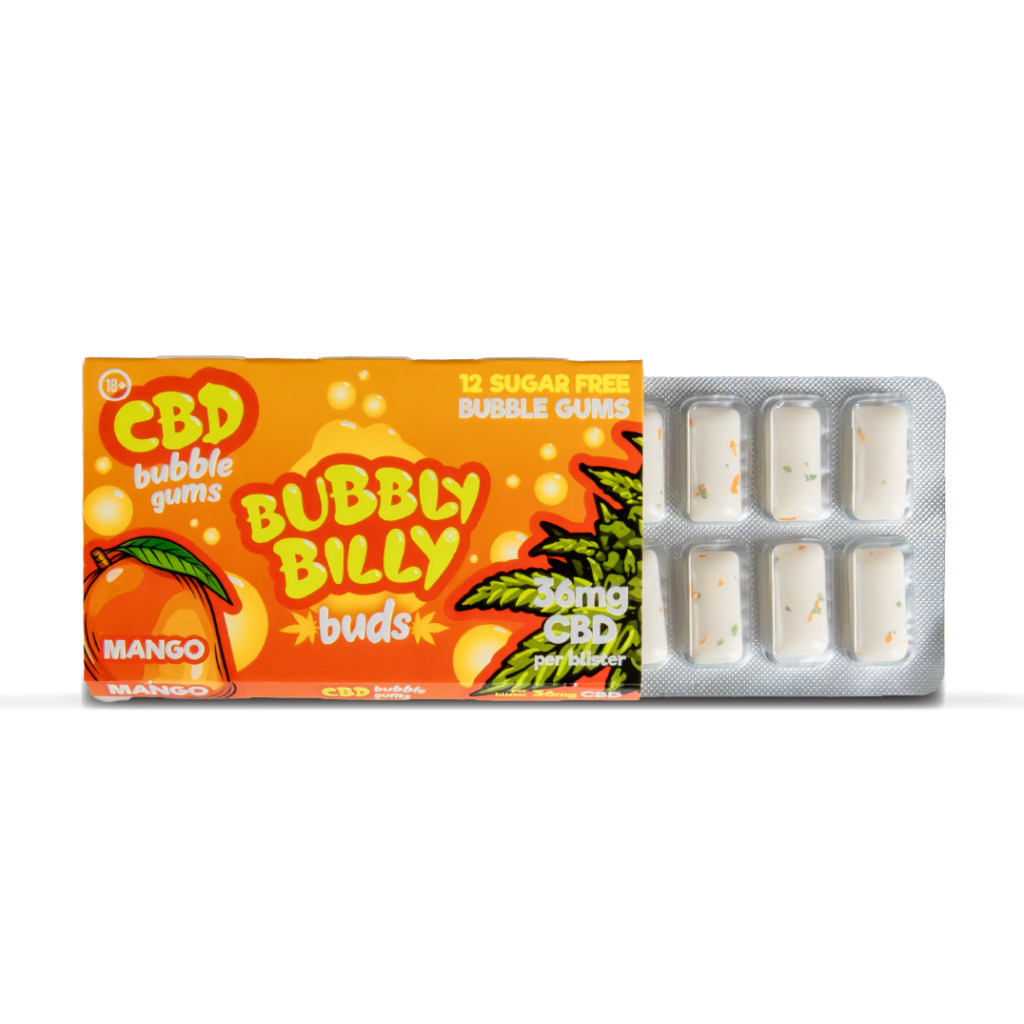 Mango Bubbly Billy Buds CBD Chewing Gum Foil Blister Pack Inside