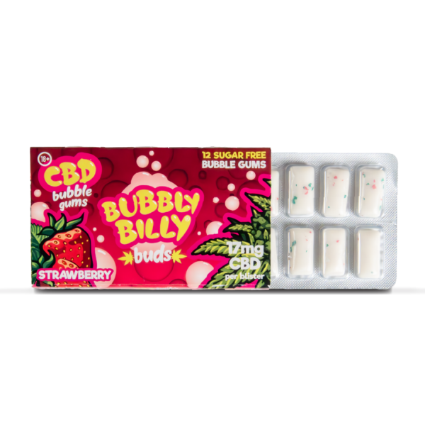 Strawberry Bubbly Billy Buds CBD Chewing Gum Foil Blister Pack Inside
