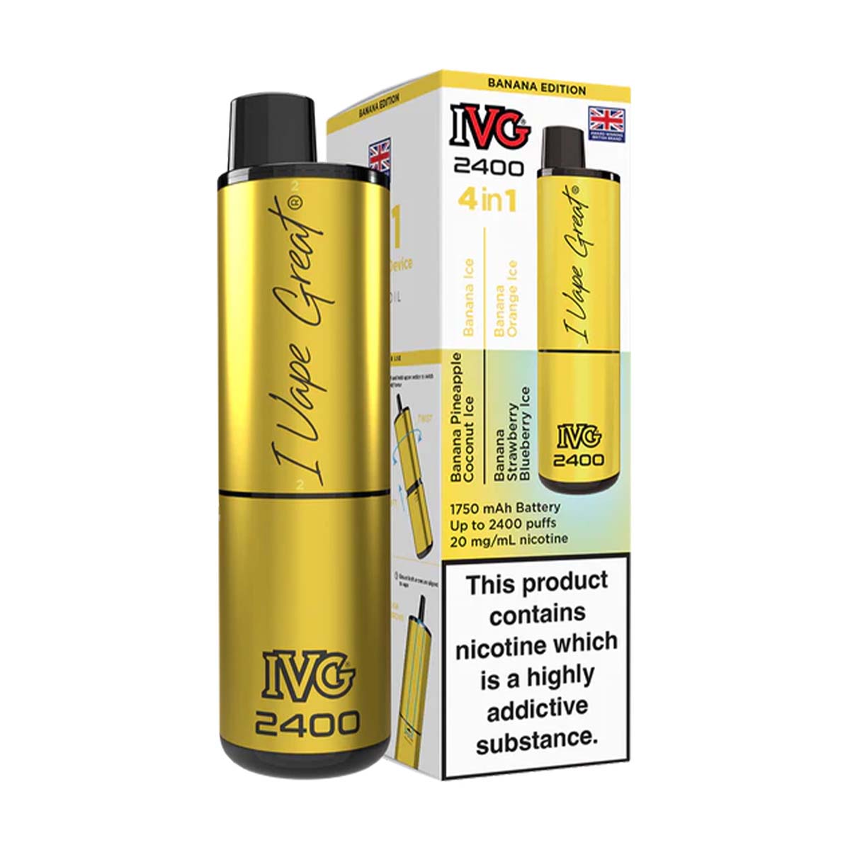 Banana Edition Flavour IVG 2400 Vape Pod Kit UK Compliant - Bulk 5 Pack