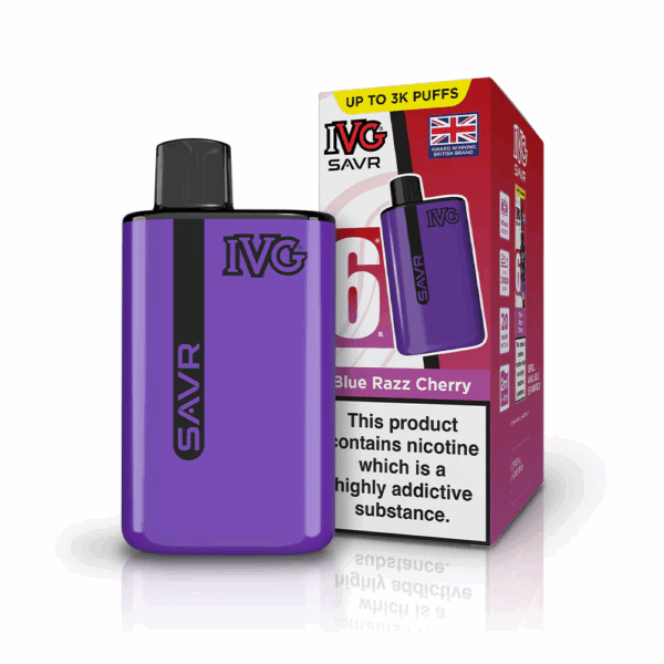 Blue Razz Cherry Flavour IVG Savr 3000 Vape Pod Kit UK Compliant - Bulk 5 Pack